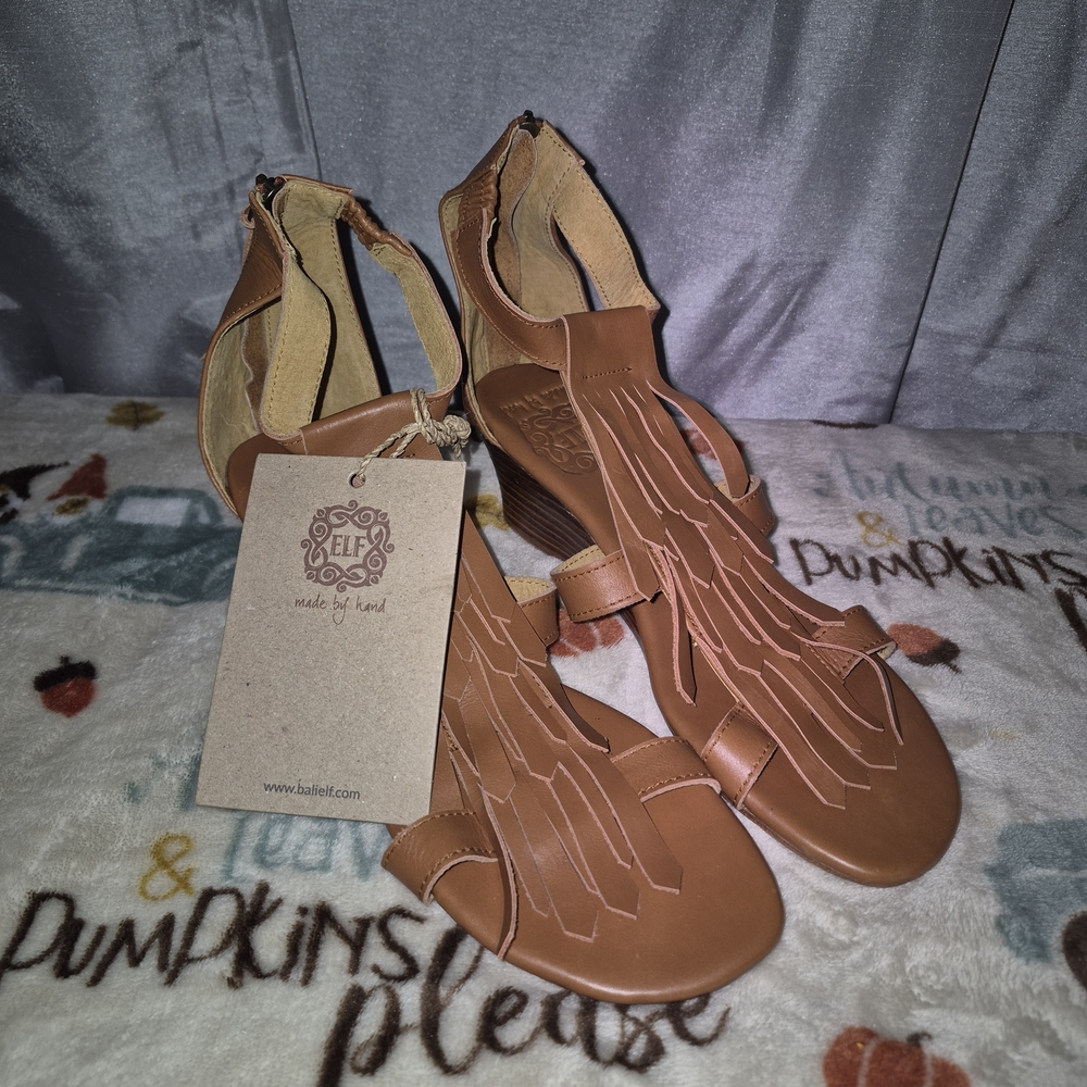 ELF Cognac Fringe Leather Wedge Sandals